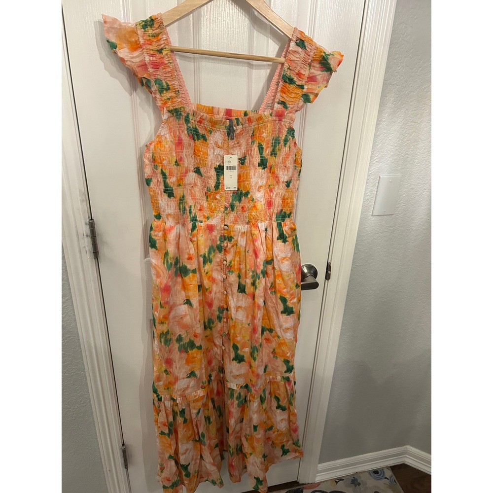 Anthropologie Floral Smocked Button Down Tiered Midi Dress Peach Pink Green‎